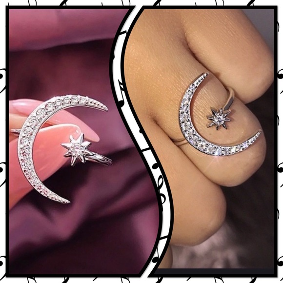 💫New💫Silver Crescent Moon Star Ring💫 - Picture 2 of 4